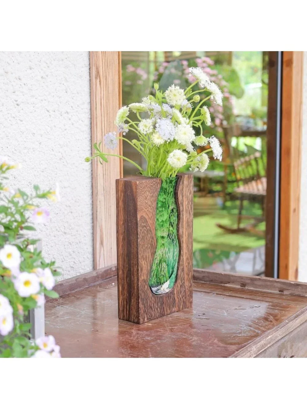 Rustic Wooden and Glass Inlay Flower Vase - Farmhouse Home Decor Centerpiece